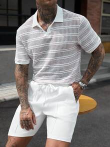 Manfinity CasualCool 男士條紋拼接配色短袖 Polo 衫與短褲休閒日常套裝 - 白色 - 查看 1