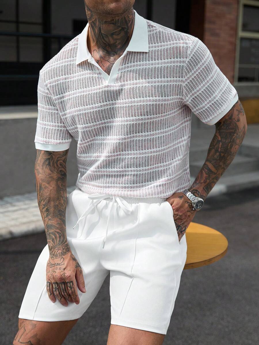 Manfinity CasualCool 男士條紋拼接配色短袖 Polo 衫與短褲休閒日常套裝 - 白色 - 查看 1