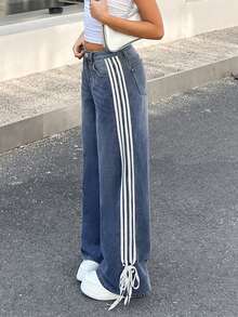 SHEIN Teen Girl Y2K Fashionable Stripe Bowknot Baggy Loose Fit Vintage Casual Denim Straight Leg Jeans With Slanted Pockets, Spring Summer Break Fall Winter - Medium Wash - View 4