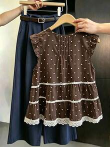 SHEIN Franclia V領百褶蕾絲拼接棕色與白色波點荷葉袖無袖女款夏季上衣，適合度假與日常穿著的優雅上衣 - 棕色 - 查看 2
