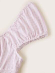 SHEIN EZwear 夏季穿搭 方领花瓣袖系带粉色条纹印花T恤 - 彩色 - 查看 3