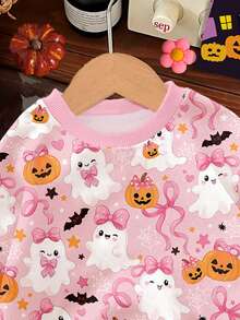 超可愛粉色萬聖節蝴蝶結南瓜、幽靈、蝙蝠圖案 Hey Bootiful! Trick Or Treat! 女嬰休閒款柔軟圓領套頭寬鬆加厚衛衣，適合秋冬日常、萬聖節、甜美女孩風、南瓜季 BOO! - 彩色 - 查看 4