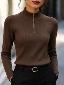 RosyDaze Atasan Rajut Bergaris Leher Tinggi Setengah Resleting Musim Gugur untuk Wanita Lengan Panjang Slim Fit Sweater Kasual Kantor Cokelat Tua - Coffee Brown - View 5