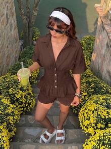 MainGRL Women's Solid Color Single-Breasted Short Sleeve Top And Shorts Casual Daily Set - Brown - View 7