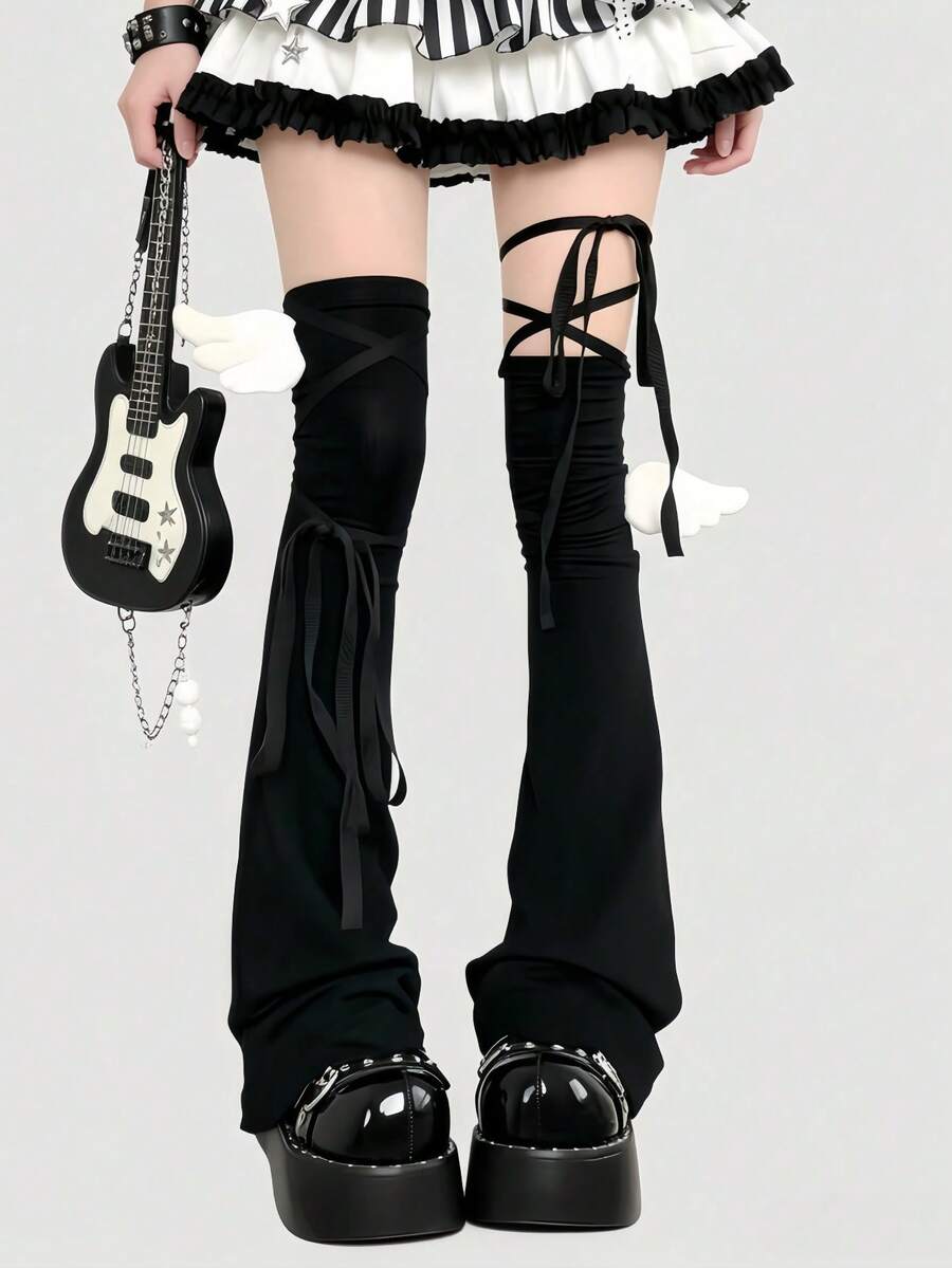 ROMWE Kawaii 可愛 Y2K 風格蝴蝶結綁帶純色女款腿套，適合時尚裝飾、動漫角色 Cosplay、JK 配件 - 黑色 - 查看 1