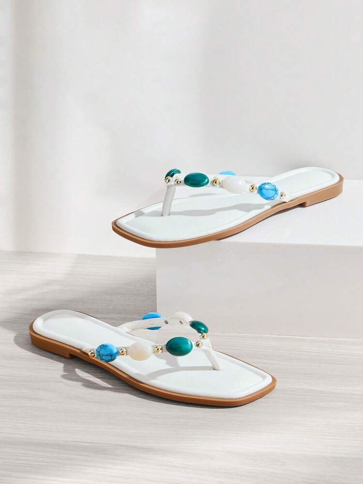 SHUZIA #ResortChic Women's Square Toe Cushioned Insole Multi Faux Agate Stone Fine Pu White Thong Sandal– Casual, Lightweight & Summer-Ready - White - View 1