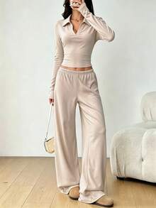 INAWLY Solva Setelan 2 Potong Atasan Lengan Panjang dan Celana Longgar Warna Polos Serbaguna untuk Wanita, Cocok untuk Bersantai, Bepergian, dan Musim Gugur, Warna Pink. - Khaki - View 4