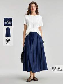 Ontre 2026SS New Summer Women's Green Pleated Loose Waist Skirt, Pleated Skirt, Graduation Skirt, Elegant Women's Vacation Skirt, Holiday Beach Music Festival Women's Elegant Ceremony Skirt, Festival Outfit, Beach Outfit, Women's Pleated Skirt - Navy Blue - View 2