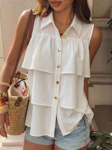 FRIFUL Women's Regular Fit Lapel Collar Metal Button Decor Loose Chest Multi-Layer Ruffle Patchwork Solid Color Summer Casual Blouse - White - View 2