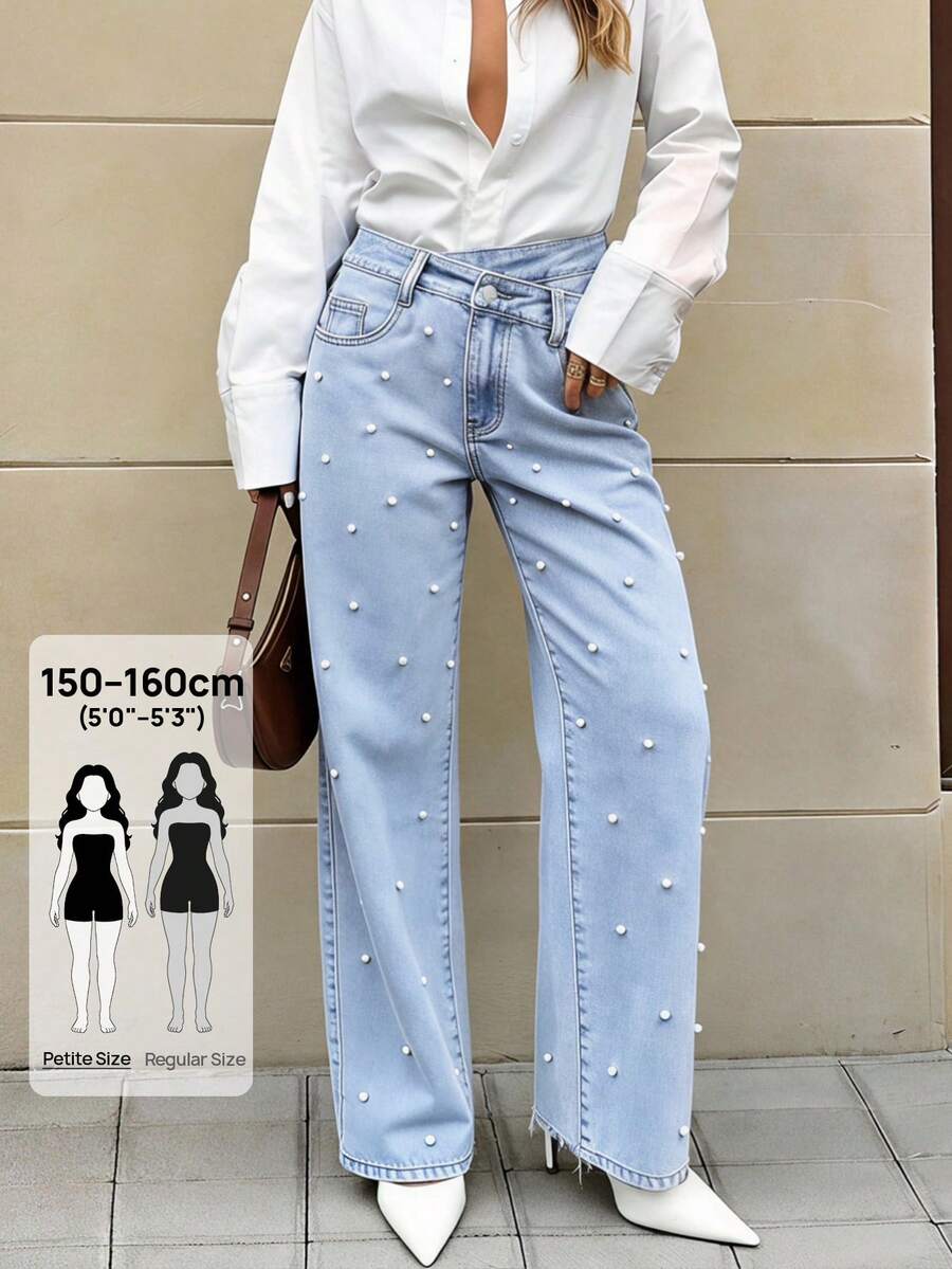 SHEIN PETITE 女款休閒百搭日常旅行牛仔褲，附口袋與仿珍珠鈕扣裝飾 - 藍色 - 查看 1