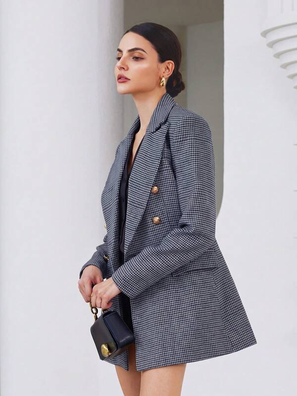Aveloria Modichic Business Style Lapel Long Sleeve Plaid Double-Breasted Blazer Jacket 