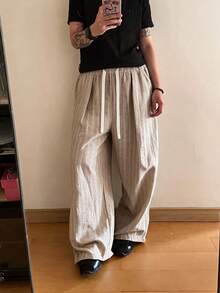 STEELVANCE Men's Drawstring Waist Striped Casual Versatile Daily Travel Long Pants - Mocha Brown - View 1