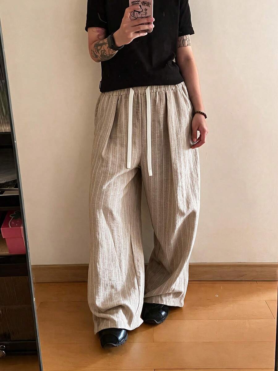 STEELVANCE Men's Drawstring Waist Striped Casual Versatile Daily Travel Long Pants - Mocha Brown - View 1