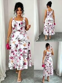 Elenzga Plus Size Floral Print Square Neck Sleeveless Dress - White - View 1