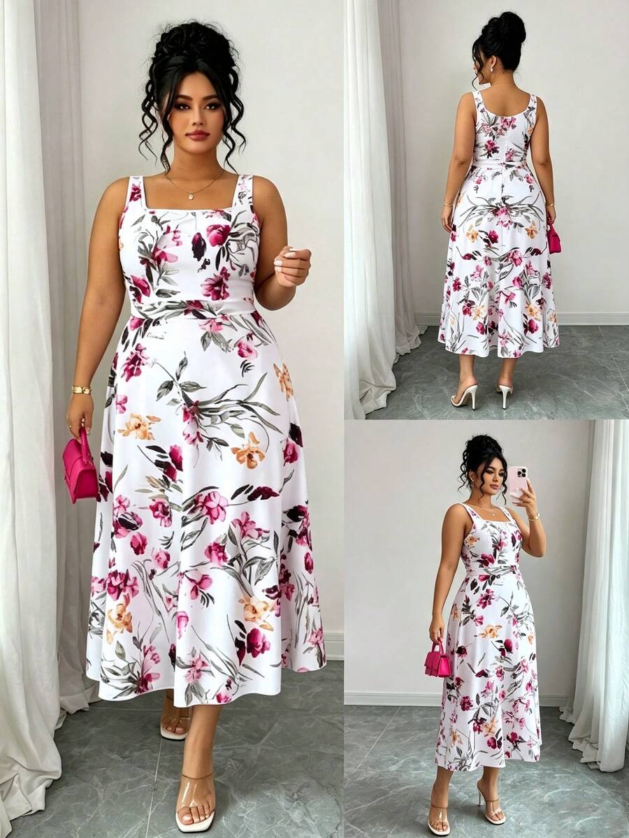 Elenzga Plus Size Floral Print Square Neck Sleeveless Dress - White - View 1