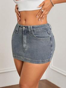 SHEIN ICON Slim Fit Mini Denim Skirt, Washed - Medium Wash - View 5