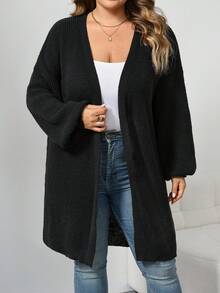 SHEIN CURVE+ Plus Size Women Solid Color All-Match Cardigan, Plus Size Black Mid-Length Cardigan, All-Match Versatile Sweater - Black - View 7