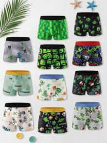Random 10pcs Big Boys' Comfortable Boxer Briefs, Green Block & Dinosaur Print, Kids' Cartoon Underwear - Multicolor - View 3