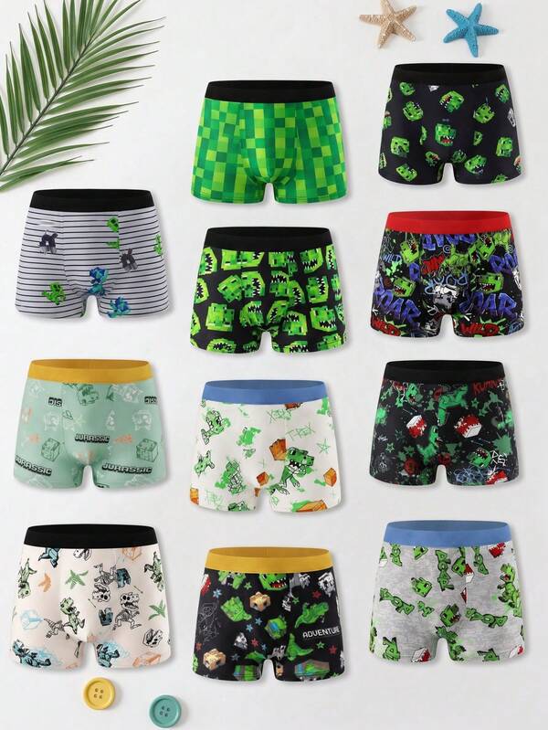 Random 10pcs Big Boys' Comfortable Boxer Briefs, Green Block & Dinosaur Print, Kids' Cartoon Underwear