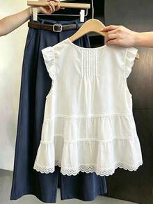 SHEIN Franclia V領百褶蕾絲拼接波點女款上衣 荷葉袖無袖上衣 適合外出與度假 夏季上衣 - 白色 - 查看 2