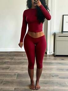 INAWLY Solva Setelan 2 Potong Wanita Lengan Panjang Warna Polos dan Legging Kasual untuk Sehari-hari - Burgundy - View 2