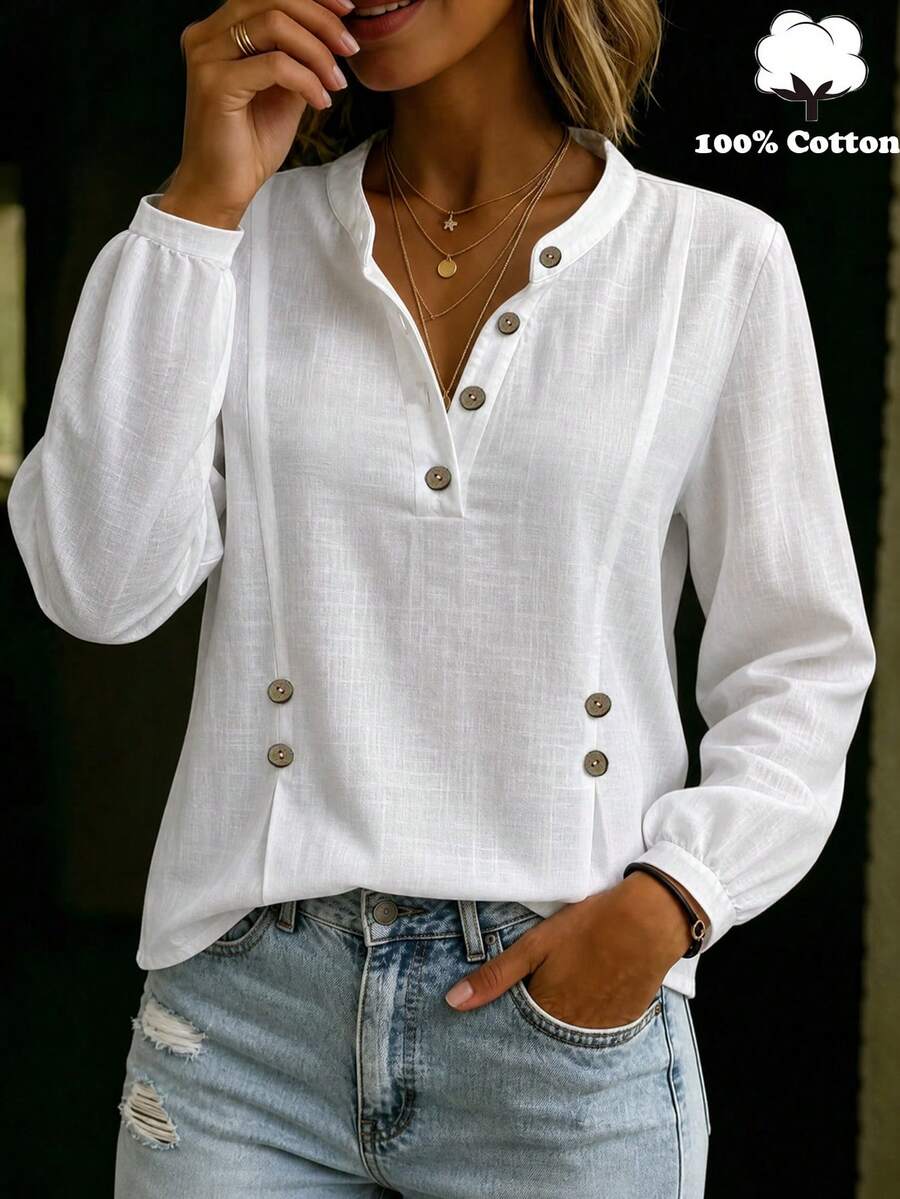SHEIN Holidaya Women's Solid Color Button Half-Placket Long Sleeve Casual Shirt - White - View 1