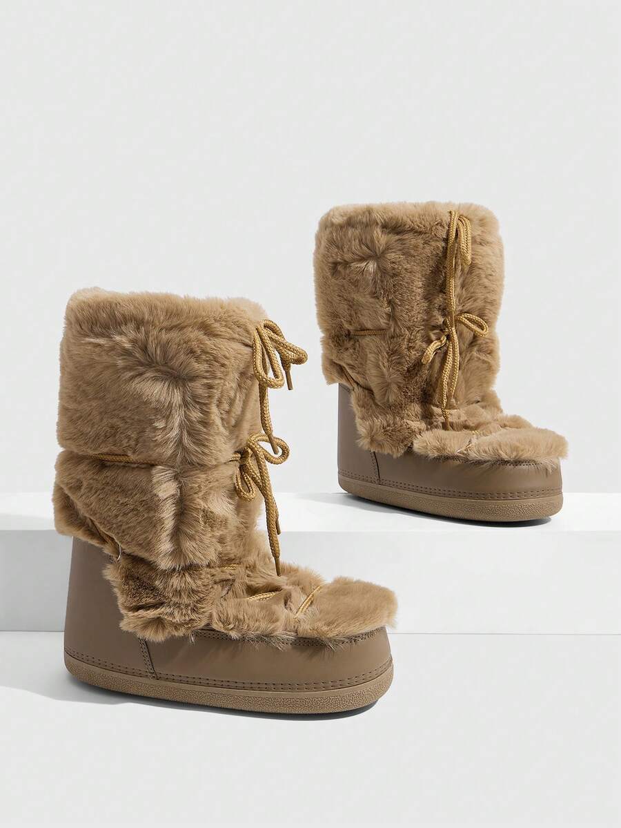 CUCCOO SZL Coffee Brown Full Plush Patchwork Mid-Calf Snow Boots For Women, Round Toe Thick Sole Flat Bottom Outdoor Winter Boots With Drawstring - Coffee Brown - View 1