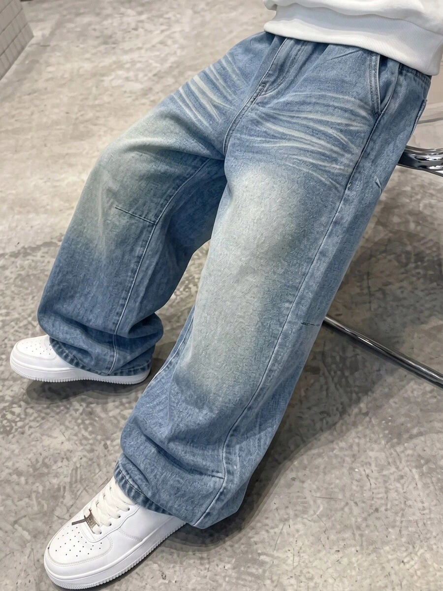 SHEIN 青少年男孩牛仔褲，復古休閒日常都市街頭風，彈性腰頭、口袋、磨損直筒褲腿、開學季拉鍊牛仔褲，學院風