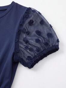 EMERY ROSE Plus Size Solid Color Round Neck Short Sleeve Ruffled Simple Casual Short Dress, For Summer - Navy Blue - View 6