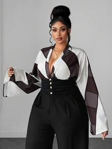 Maweii Geometric Colorblock Print Deep V-Neck Batwing Sleeve Blouse With Ruched Waist And Gold Button Short Shirt Fall - Multicolor - View 2