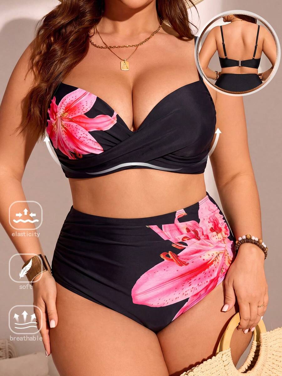 Swim Chiccia Setelan Baju Renang Wanita Ukuran Plus 2 Potong dengan Tali Bahu Tipis, Motif Cetak, Push-Up, Modis, Minimalis, untuk Liburan - Hitam - View 1