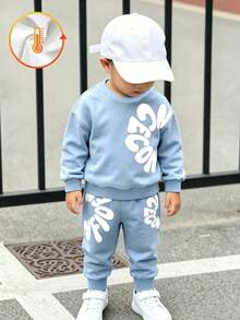 SHEIN 1 Random Set,Baby Boy Blue Letter Print Round Neck Long Sleeve Sweatshirt And Sweatpants Set Fall Autumn Back To School Rib-Knit Outfits - Multicolor - View 6