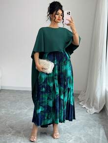 Elenzga Plus Size Green Pleated Design Dress, Suitable For Evening Party, Vacation, Spring/Summer/Autumn Fall - Dark Green - View 6
