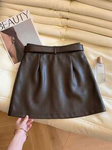 GlowEve Women's Solid Color PU Leather Fashion Versatile Daily Casual Skirt - Coffee Brown - View 2