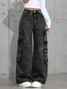 SHEIN 少女高腰工装口袋阔腿宽松休闲牛仔裤 - 黑色 - 查看 1