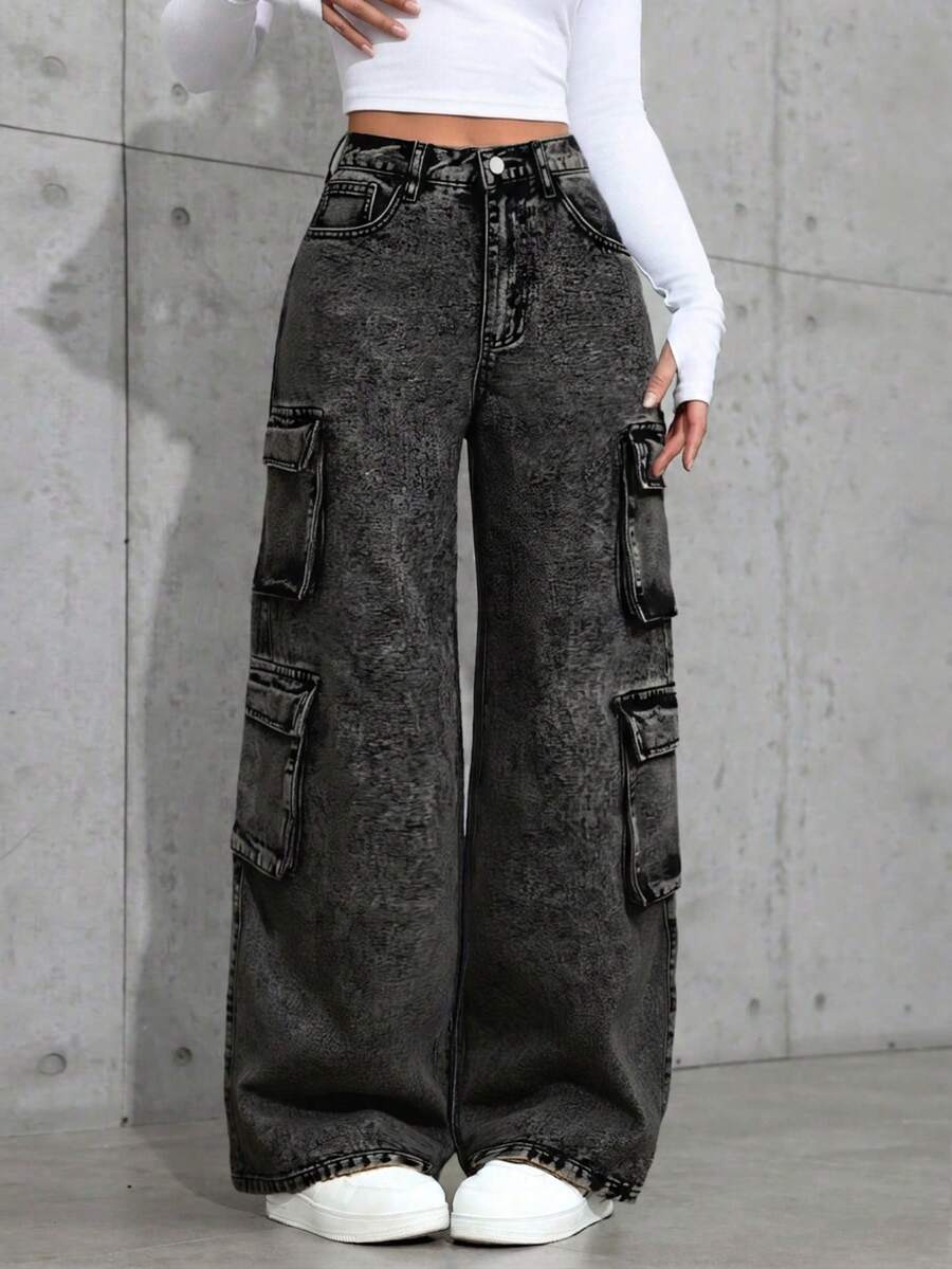 SHEIN 少女高腰工装口袋阔腿宽松休闲牛仔裤 - 黑色 - 查看 1