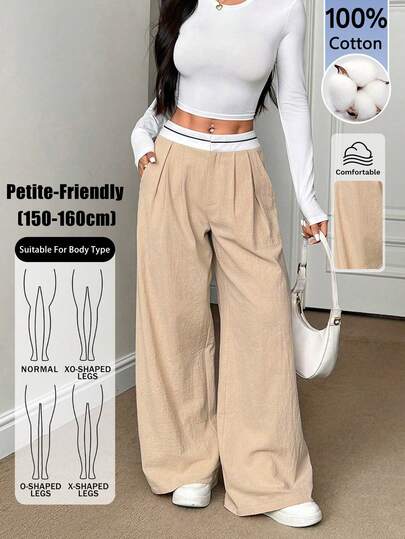 SHEIN PETITE Women's Khaki Casual Elegant Trousers With Waist Stitching, Contains Cotton