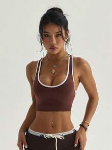 SHEIN 對比滾邊露背無縫運動背心 - 巧克力棕 - 查看 6