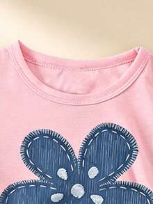 Elladie kids 春夏女生休闲时尚创意个性清新可爱简约蓝色牛仔碎花印花休闲度假风基础款粉色短款T恤，舒适日常穿着，适合春、夏、秋季穿着。 - 粉色 - 查看 4