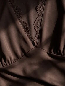 Sweetra Women's V-Neck Contrast Lace Drawstring Tank Top, Versatile For Daily Wear, Sexy And Elegant, Casual Vacation Style - Coffee Brown - View 5
