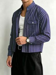 TONEVAULT Kemeja Kasual Pria Bergaris Lengan Panjang Kancing Tunggal dengan Kantong Serbaguna - Navy Blue - View 5