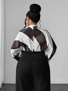 Maweii Geometric Colorblock Print Deep V-Neck Batwing Sleeve Blouse With Ruched Waist And Gold Button Short Shirt Fall - Multicolor - View 5