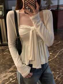 DAZY 2pcs Women Solid Color Casual Twist Camisole And Cardigan Set - Apricot - View 4