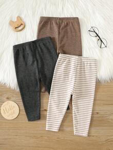 SHEIN 男女嬰兒/幼兒 3件組 秋冬加厚抓絨內裡休閒可愛純色與條紋打底褲，嬰兒冬季下著，聖誕 - 咖啡棕 - 查看 2