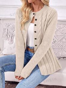 EMERY ROSE Áo cardigan nữ tay dài vặn thừng cài nút trước đa năng - Màu be - Xem 1