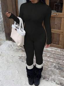 Muchica Jumpsuit Kasual Wanita Ukuran Besar Warna Polos Lengan Panjang dengan Resleting Depan untuk Musim Gugur - Hitam - View 8