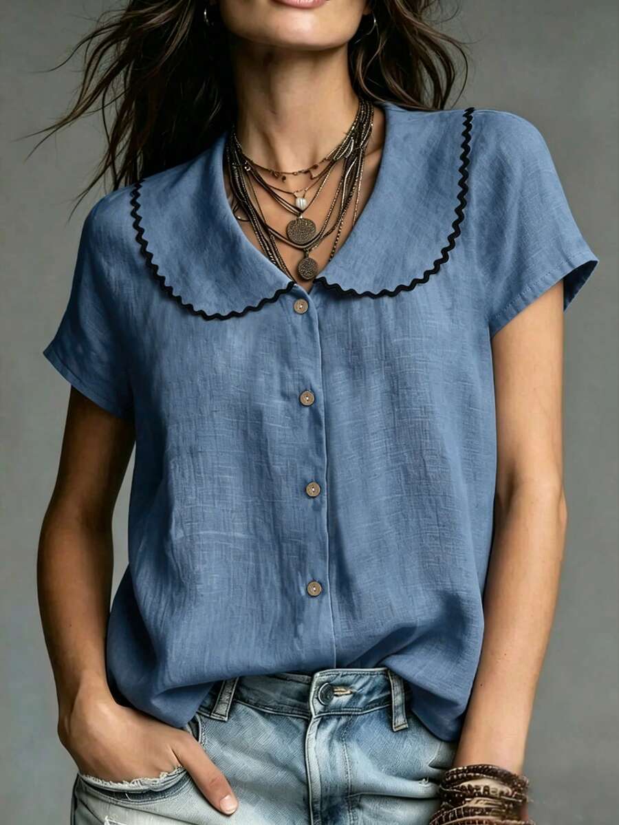 SHEIN بلوزة نسائية كاجوال أنيقة بأسلوب فرنسي عتيق للصيف، بسيطة للاستخدام اليومي، ملابس المكتب، التنقل والعطلات، لون مشمشي