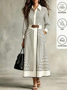 SHEIN Franclia Gaun Lengan Panjang Bergaris Elegan untuk Wanita - Aprikot - View 1