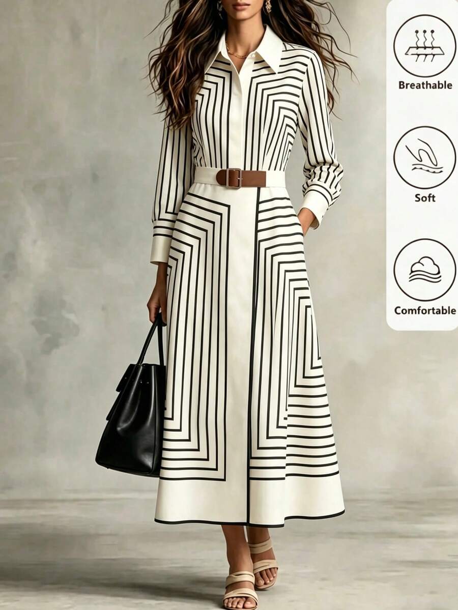 SHEIN Franclia Gaun Lengan Panjang Bergaris Elegan untuk Wanita - Aprikot - View 1
