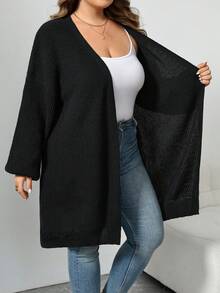 SHEIN CURVE+ Plus Size Women Solid Color All-Match Cardigan, Plus Size Black Mid-Length Cardigan, All-Match Versatile Sweater - Black - View 4